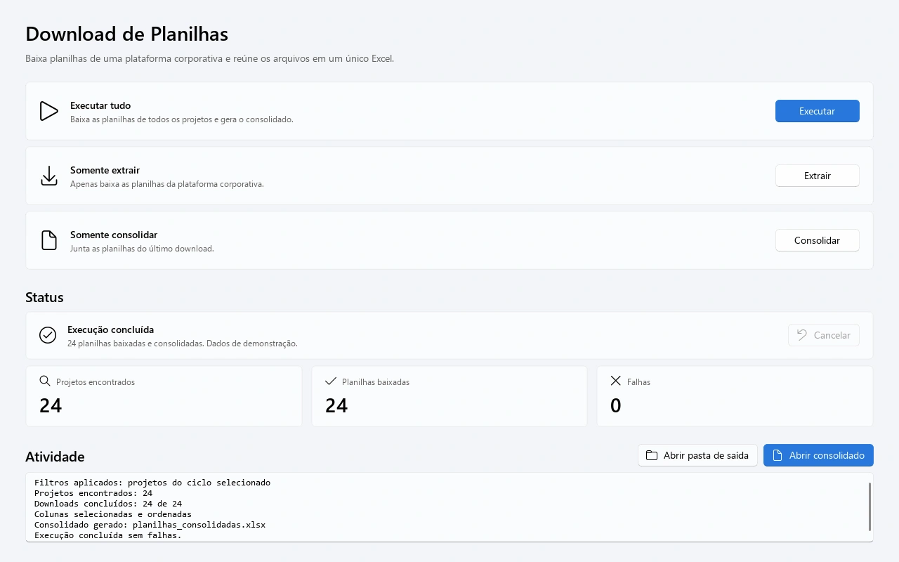 Interface da automação de download e consolidação de planilhas, com dados de demonstração